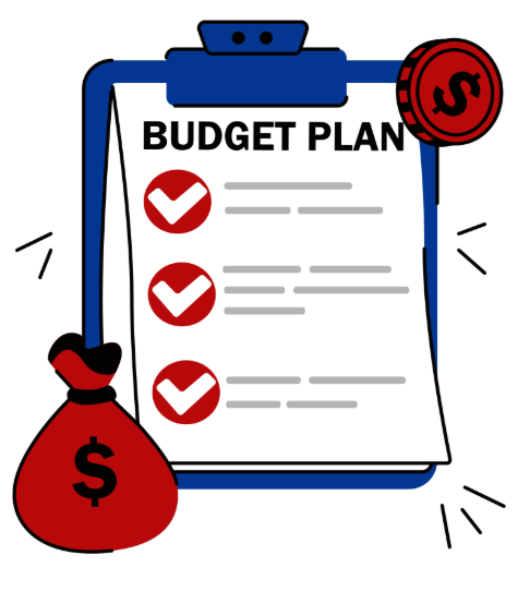 Illustration of a clipboard labeled &ldquo;BUDGET PLAN&rdquo; with three red checkmarks, a red money bag with a dollar sign, and a red coin icon, representing budgeting and financial planning.